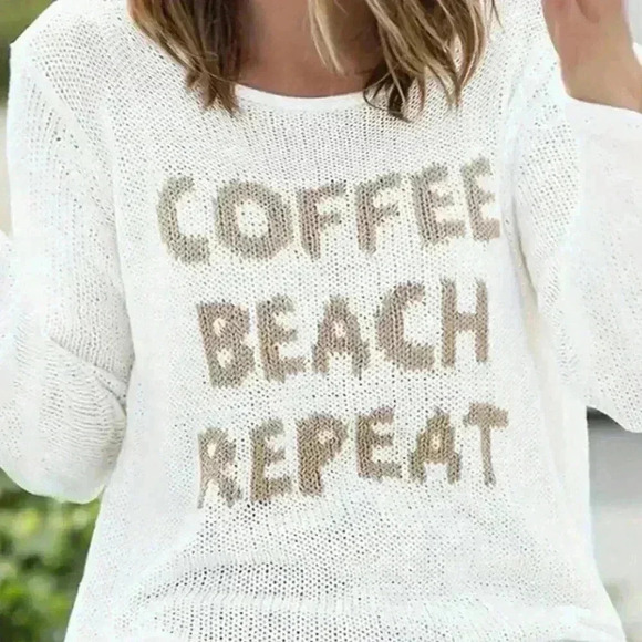 White Casual Women's Round Neck Long Sleeve Side Split Letter Knitted Sweater - Picture 4 of 4